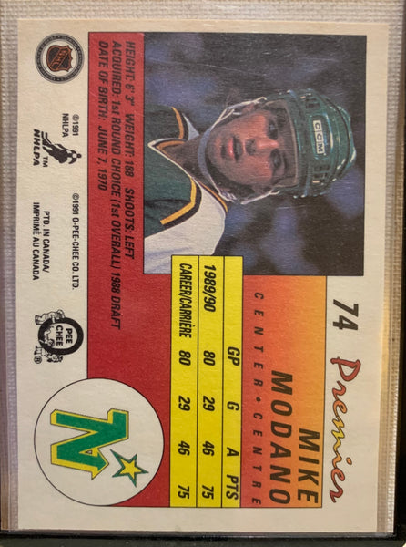 1990-91 O-PEE-CHEE PREMIER HOCKEY #74 MINNESOTA NORTH STARS - MIKE MODANO ROOKIE CARD RAW