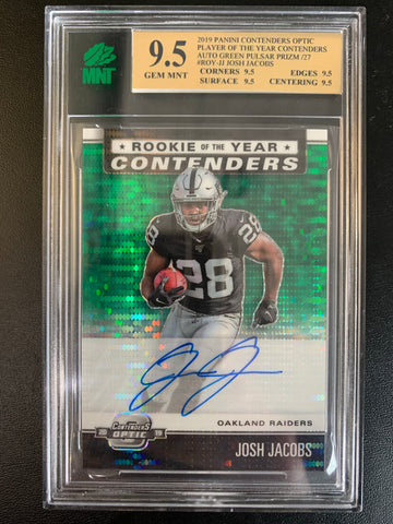 2019 PANINI CONTENDERS OPTIC FOOTBALL #ROY-JJ LAS VEGAS RAIDERS - JOSH JACOBS ROY CONTENDERS GREEN PULSAR PRIZM AUTO ROOKIE NUMBERED 05/27 GRADED MNT 9.5 GEM MINT