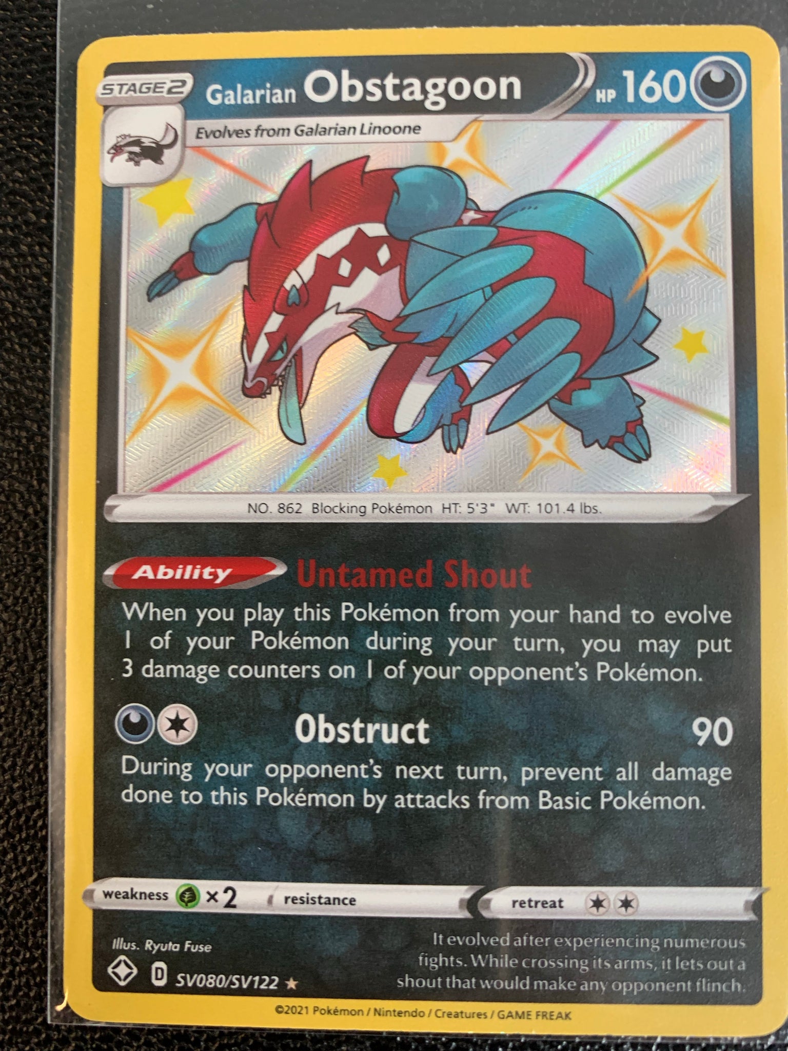 POKEMON SHINING FATES SHINY VAULT - SHINY HOLO RARE GALARIAN OBSTAGOON SV080/SV122