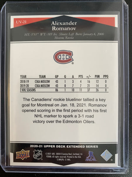 2020-21 UPPER DECK EXTENDED HOCKEY #UV-21 MONTREAL CANADIENS - ALEXANDER ROMANOV VICTORY ROOKIE CARD