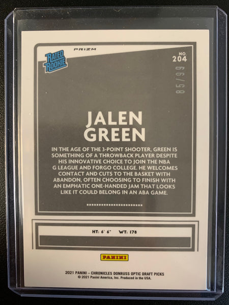 2021 PANINI CHRONICLES DRAFT PICKS BASKETBALL #204 HOUSTON ROCKETS - JALEN GREEN CHRONICLES SP OPTIC RATED ROOKIE BLUE ROOKIE CARD NUMBERED 85/99