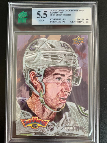 2020-21 UPPER DECK SERIES 2 HOCKEY #F29 - QUINN HUGHES FANIMATION SSP INSERT GRADED MNT 5.5 EX+