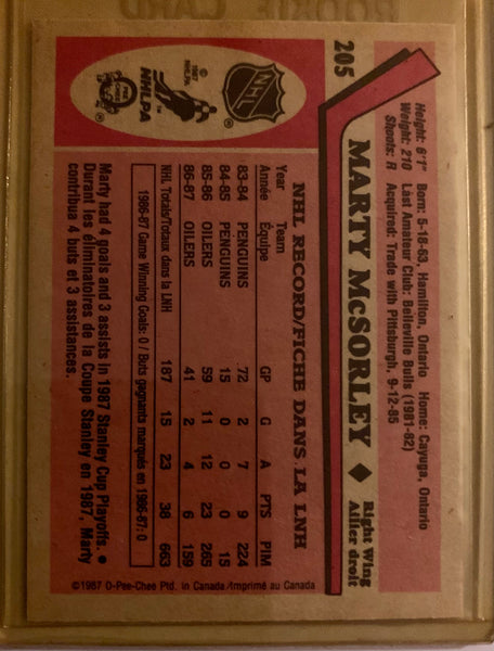 1987-88 O-PEE-CHEE HOCKEY #205 EDMONTON OILERS - MARTY MCSORLEY ROOKIE CARD RAW
