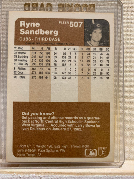 1983-84 FLEER BASEBALL #507 CHICAGO CUBS - RYNE SANDBERG ROOKIE CARD RAW