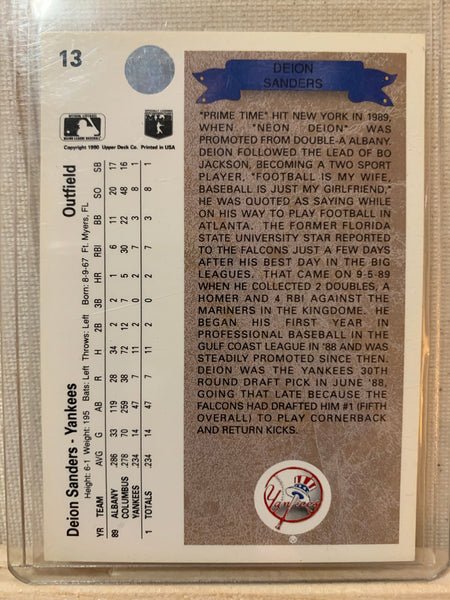 1990-91 UPPER DECK BASEBALL #13 - DEION SANDERS ROOKIE CARD RAW