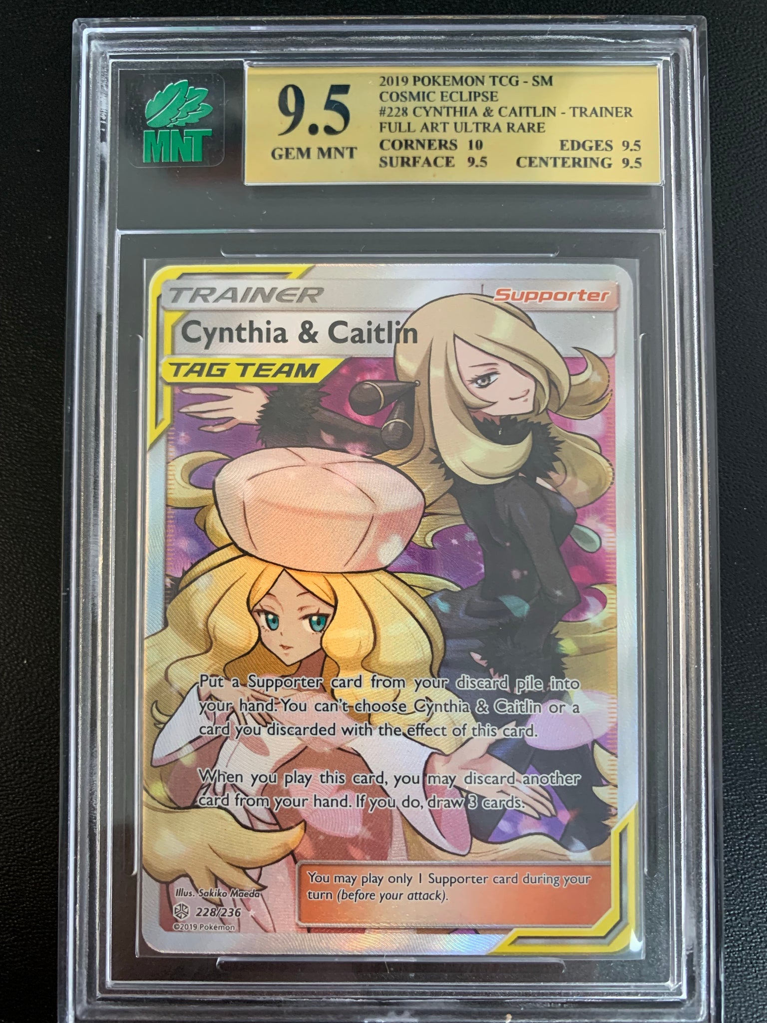 POKEMON SUN & MOON COSMIC ECLIPSE #228 CYNTHIA & CAITLIN TAG TEAM TRAINER FULL ART ULTRA RARE GRADED MNT 9.5 GEM MINT