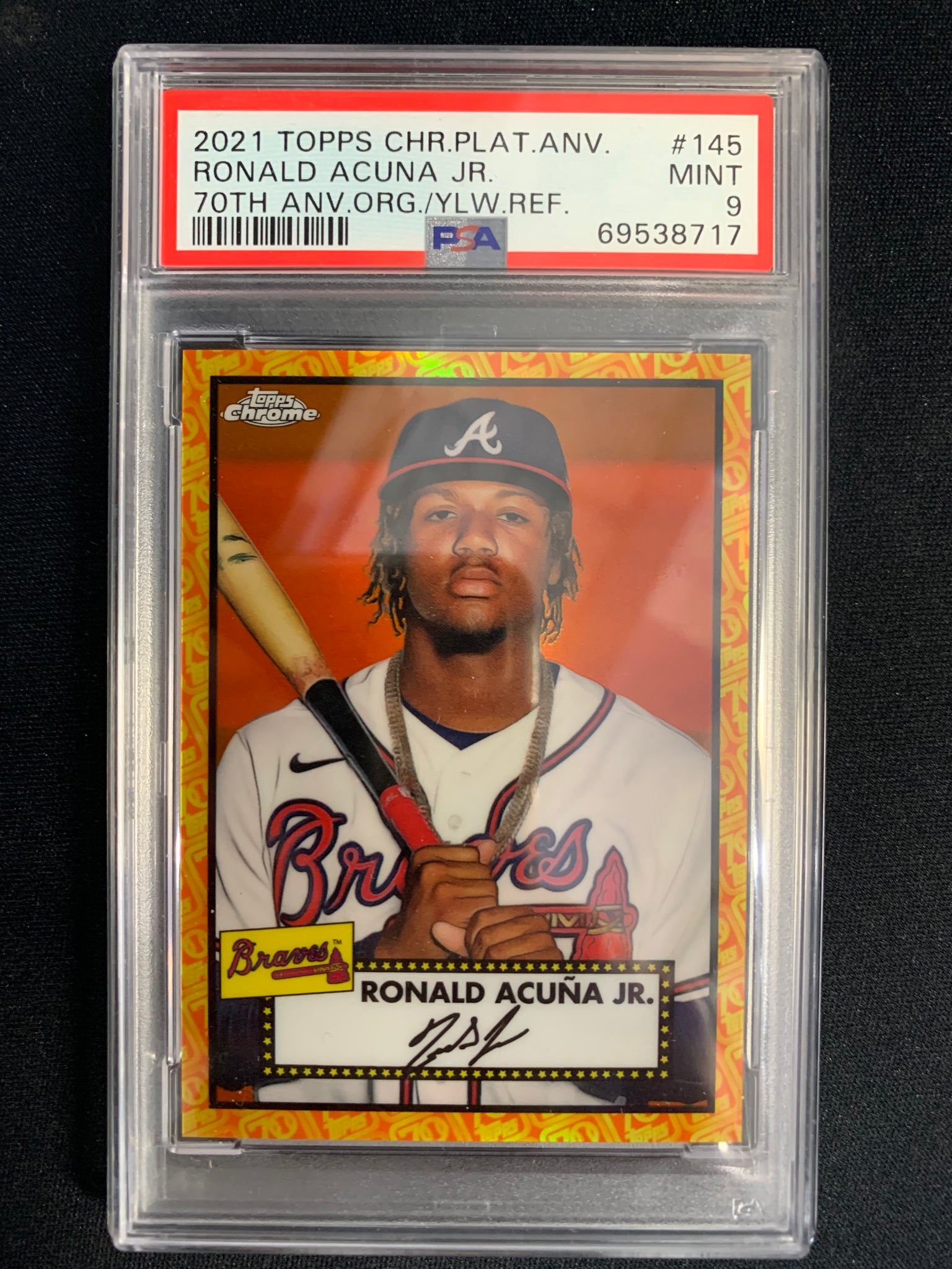 2021 TOPPS CHROME PLATINUM BASEBALL #145 ATLANTA BRAVES - RONALD ACUNA JR 70TH ANNIVERSARY YELLOW REFRACTOR #D 22/25 GRADED PSA 9 MINT