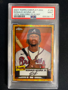 2021 TOPPS CHROME PLATINUM BASEBALL #145 ATLANTA BRAVES - RONALD ACUNA JR 70TH ANNIVERSARY YELLOW REFRACTOR #D 22/25 GRADED PSA 9 MINT