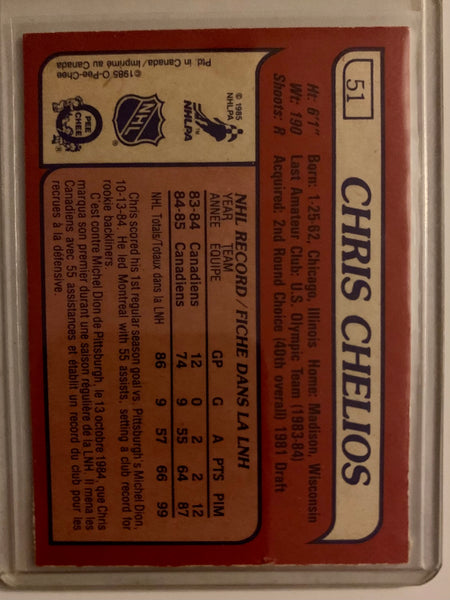 1985-86 O-PEE-CHEE HOCKEY #51 MONTREAL CANADIENS - CHRIS CHELIOS CARD RAW
