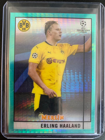 2021 TOPPS MERLIN UEFA CHAMPIONS LEAGUE SOCCER #65 ERLING HAALAND AQUA PRIZM PARALLEL CARD