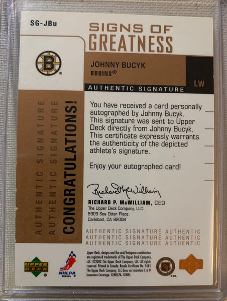 2002-03 UPPER DECK FOUNDATIONS HOCKEY #SG-JBu BOSTON BRUINS - JOHNNY BUCYK SIGNS OF GREATNESS AUTO CARD RAW