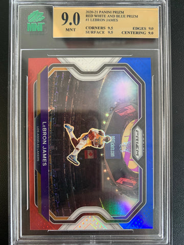 2020-21 PANINI PRIZM NBA BASKETBALL #1 LOS ANGELES LAKERS - LEBRON JAMES RED WHITE AND BLUE "KOBE DUNK" GRADED MNT 9.0 MINT