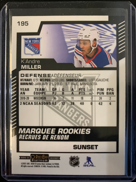 2020-21 UD O-PEE-CHEE PLATINUM HOCKEY #195 NEW YORK RANGERS - K'ANDRE MILLER MARQUEE ROOKIES SUNSET PARALLEL