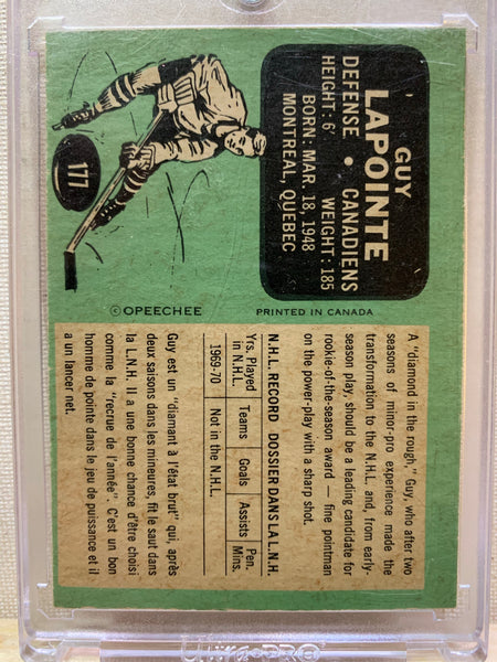 1970-71 O-PEE-CHEE HOCKEY #177 MPONTREAL CANADIENS - GUY LAPOINTE ROOKIE CARD RAW
