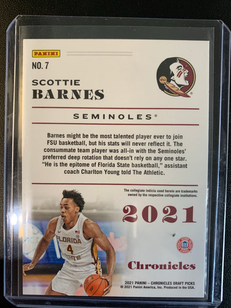 2021 PANINI CHRONICLES DRAFT PICKS BASKETBALL #7 TORONTO RAPTORS - SCOTTIE BARNES CHRONICLES ROOKIE CARD