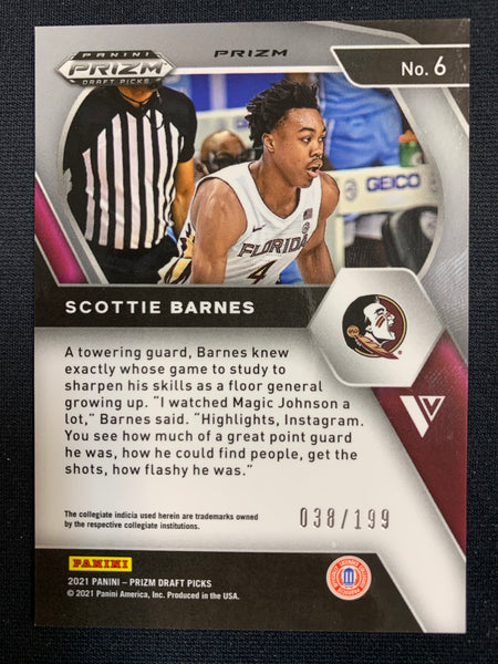 2021-2022 PANINI PRIZM DRAFT PICKS BASKETBALL #6 TORONTO RAPTORS - SCOTTIE BARNES BLUE PRIZM PARALLEL ROOKIE CARD NUMBERED 038/199