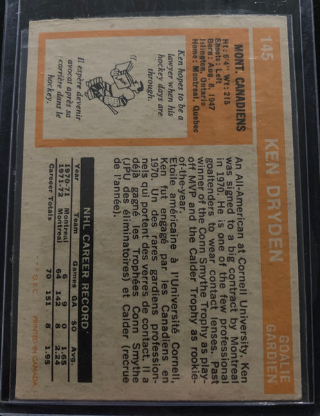 1972-73 O-PEE-CHEE HOCKEY #145 MONTREAL CANADIENS - KEN DRYDEN CARD RAW