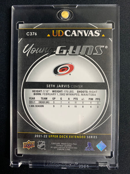 2021-22 UPPER DECK EXTENDED SERIES HOCKEY #C376 CAROLINA HURRICANES - SETH JARVIS BLACK CANVAS YOUNG GUNS ROOKIE CARD
