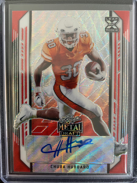 2021 LEAF METAL DRAFT FOOTBALL #BA-CH1 CAROLINA PANTHERS - CHUBA HUBBARD ROOKIE CARD AUTOGRAPHED AND SERIAL NUMBERED 2/3