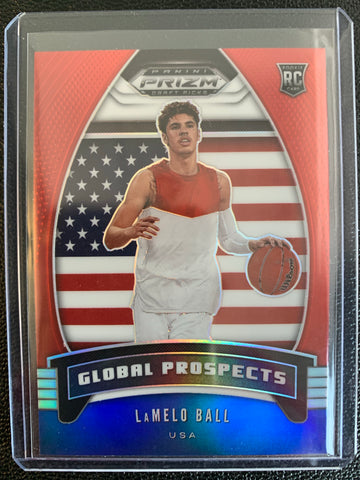2020 PANINI PRIZM DRAFT PICKS BASKETBALL #98 CHARLOTTE HORNETS - LAMELO BALL RED WHITE AND BLUE PRIZM GLOBAL PROSPECTS ROOKIE CARD