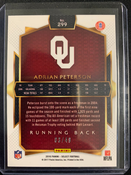 2016 PANINI SELECT NFL FOOTBALL #299 OKLAHOMA SOONERS - ADRIAN PETERSON GOLD SQUARES PARALLEL NUMBERED 03/49