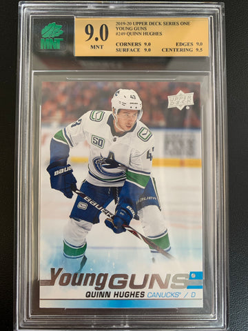 2019-20 UPPER DECK HOCKEY #249 VANCOUVER CANUCKS - QUINN HUGHES YOUNG GUNS ROOKIE CARD GRADED MNT 9.0 MINT