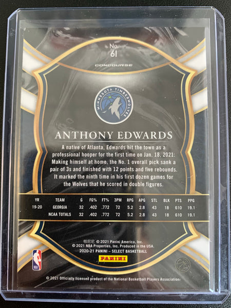 2020-2021 PANINI SELECT NBA BASKETBALL #61 MINNESOTA TIMERWOLVES - ANTHONY EDWARDS CONCOURSE LEVEL ROOKIE CARD