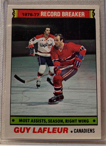 1977-78 O-PEE-CHEE HOCKEY #218 MONTREAL CANADIENS - GUY LAFLEUR RECORD BREAKER CARD RAW