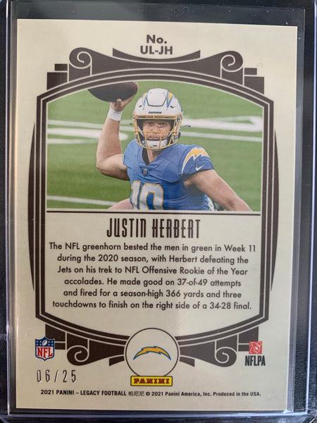 2021 PANINI LEGACY FOOTBALL #UL-JH LOS ANGELES CHARGERS - JUSTIN HERBERT UNDER THE LIGHTS GOLD CRACKED ICE PARALLEL SERIAL NUMBERED 06/25