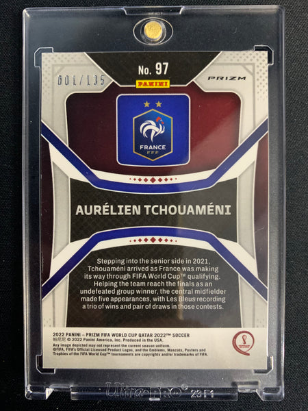 2022 PANINI PRIZM FIFA WORLD CUP QATAR SOCCER #97 FRANCE - AURELIEN TCHOUAMENI PRIZM CHOICE BLUE ROOKIE CARD NUMBERED 001/135