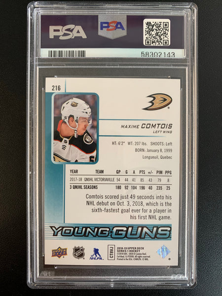 2018-19 UPPER DECK HOCKEY #216 ANAHEIM DUCKS - MAXIME COMTOIS YOUNG GUNS ROOKIE CARD GRADED PSA 10 GEM MINT