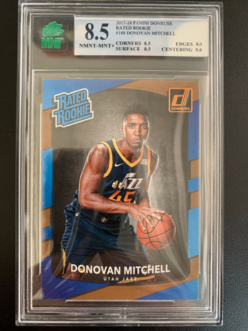 2017-18 PANINI DONRUSS BASKETBALL #188 UTAH JAZZ - DONOVAN MITCHELL RATED ROOKIE CARD GRADED MNT 8.5 NMNT-MINT+