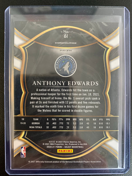 2020-2021 PANINI SELECT NBA BASKETBALL #61 MINNESOTA TIMERWOLVES - ANTHONY EDWARDS CONCOURSE LEVEL ORANGE RED SHIMMER PRIZM ROOKIE CARD