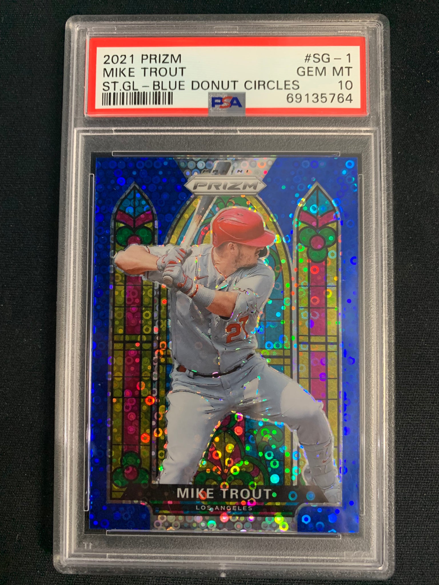 2021 PANINI PRIZM BASEBALL #SG-1 LOS ANGELES ANGELS - MIKE TROUT BLUE DONUT CIRCLES PRIZM STAINED GLASS GRADED PSA 10 GEM MINT