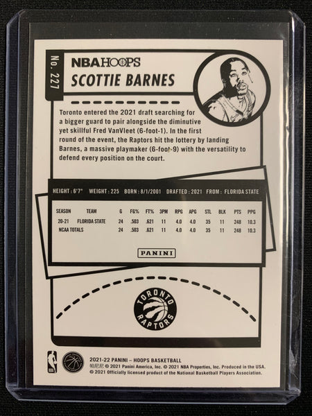 2021-2022 PANINI NBA HOOPS BASKETBALL #227 TORONTO RAPTORS - SCOTTIE BARNES TEAL HOLO ROOKIE CARD