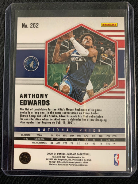 2020-2021 PANINI MOSAIC NBA BASKETBALL #252 MINNESOTA TIMBERWOLVES - ANTHONY EDWARDS MOSAIC BASE NATIONAL PRIDE ROOKIE CARD