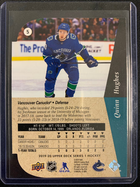 2019-20 UPPER DECK SERIES 1 HOCKEY #5 VANCOUVER CANUCKS - QUINN HUGHES DIE CUT ROOKIE CARD