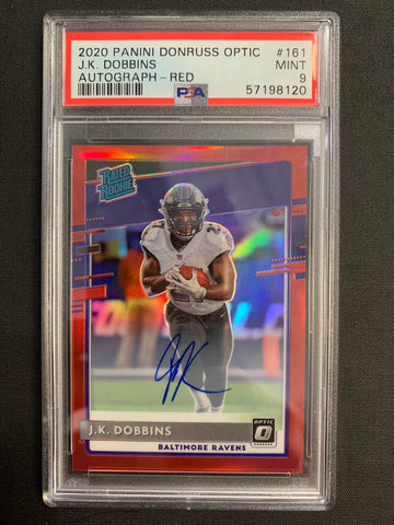 2020 PANINI DONRUSS OPTIC FOOTBALL #161 BALTIMORE RAVENS - J.K DOBBINS RATED ROOKIE RED PARALLEL 50/50 GRADED PSA 9 MINT