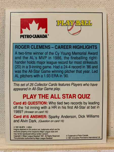 1991-92 BASEBALL #3 OF 15 - ROGER CLEMENS PETRO CANADA ALL-STAR FANFEST 3-D CARD RAW