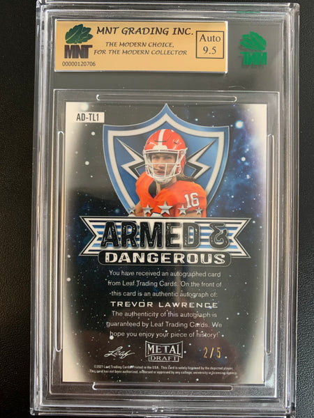 2021 LEAF METAL DRAFT FOOTBALL #AD-TL1 JACKSONVILLE JAGUARS - TREVOR LAWRENCE ARMED & DANGEROUS AUTOGRAPHED ROOKIE CARD SERIAL NUMBERED 2/5 GRADED MNT 9.5 GEM MINT