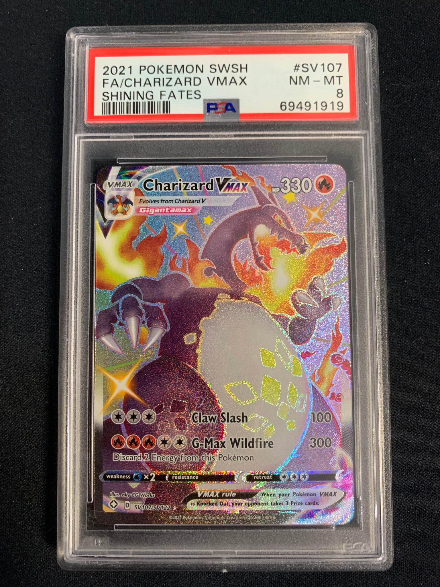 POKEMON SWSH SHINING FATES VMAX FULL ART SECRET RARE CHARIZARD SV107/SV122 GRADED PSA 8 NM-MT
