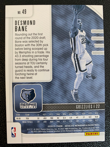 2020-2021 PANINI ABSOLUTE MEMORABILIA BASKETBALL #49 MEMPHIS GRIZZLIES - DESMOND BANE GOLD ROOKIE CARD SERIAL #'D 05/10