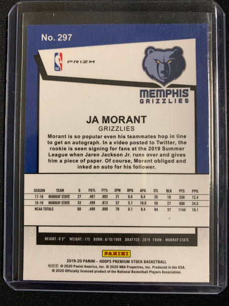 2019-20 PANINI NBA HOOPS PREMIUM STOCK BASKETBALL #297 MEMPHIS GRIZZLIES - JA MORANT TRIBUTE PURPLE DISCO PARALLEL ROOKIE CARD