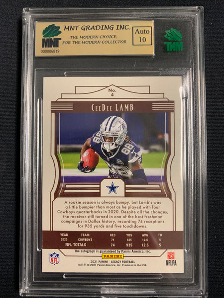 2021 PANINI LEGACY FOOTBALL #4 DALLAS COWBOYS - CEE DEE LAMB RED PARALLEL AUTO NUMBERED 02/25 GRADED MNT 9.0 MINT