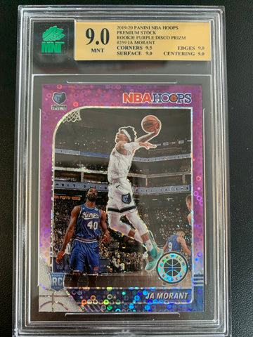 2019-20 PANINI NBA HOOPS PREMIUM STOCK BASKETBALL #259 MEMPHIS GRIZZLIES - JA MORANT PURPLE DISCO PRIZM ROOKIE CARD GRADED MNT 9.0 MINT