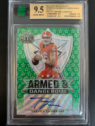 2021 LEAF METAL DRAFT FOOTBALL #AD-TL1 JACKSONVILLE JAGUARS - TREVOR LAWRENCE ARMED & DANGEROUS AUTOGRAPHED ROOKIE CARD SERIAL NUMBERED 2/5 GRADED MNT 9.5 GEM MINT