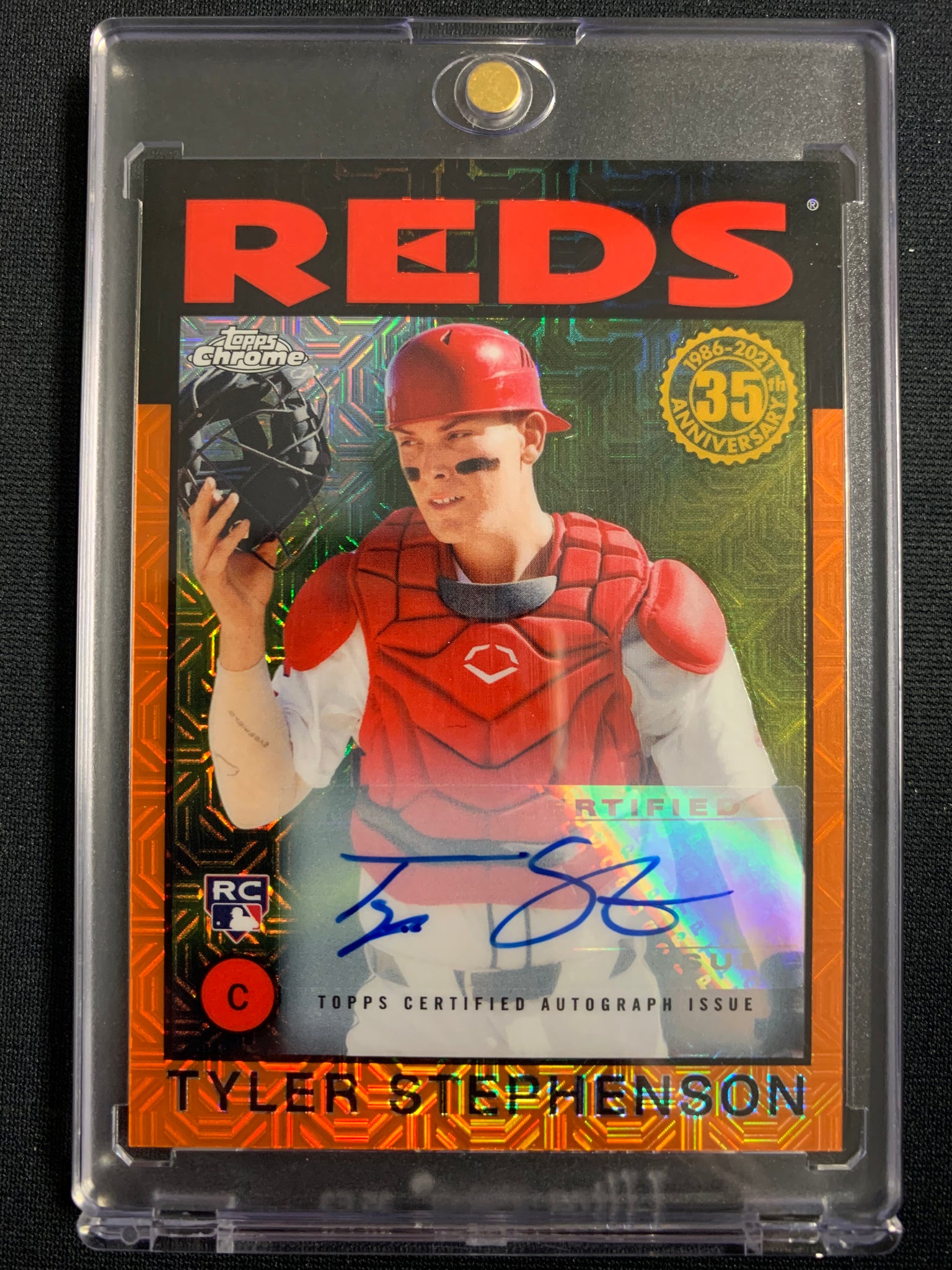 2021 TOPPS CHROME BASEBALL #86BC-39 CINCINNATI REDS - TYLER STEPHENSON ORANGE REFRACTOR AUTOGRAPHED ROOKIE CARD NUMBERED 03/25