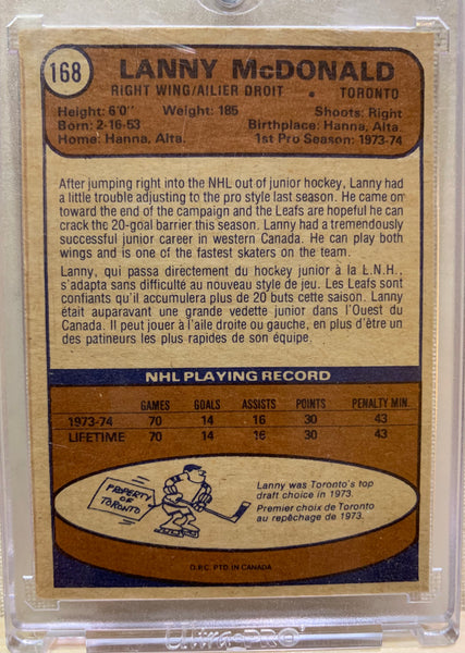 1974-75 O-PEE-CHEE HOCKEY #168 TORONTO MAPLE LEAFS - LANNY MCDONALD ROOKIE CARD RAW