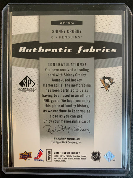 2010-11 UPPER DECK SP GAME USED HOCKEY #AF-SC PITTSBURGH PENGUINS - SP GAME USED SIDNEY CROSBY AUTHENTIC FABRICS GAME USED JERSEYS