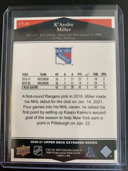 2020-21 UPPER DECK EXTENDED HOCKEY #UV-25 NEW YORK RANGERS - K'ANDRE MILLER ULTIMATE VICTORY ROOKIE CARD